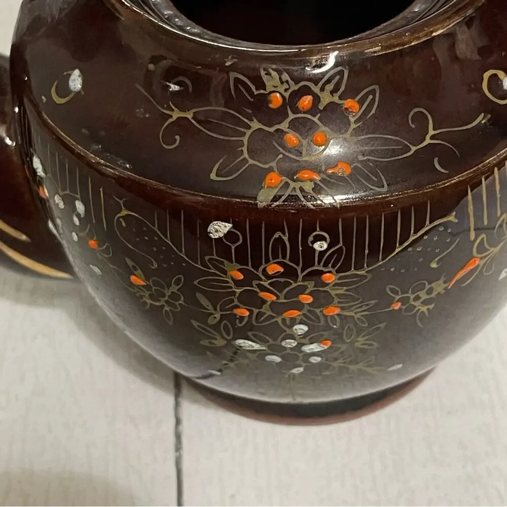 Vintage Hand Painted Japan Brown Floral Ceramic Teapot